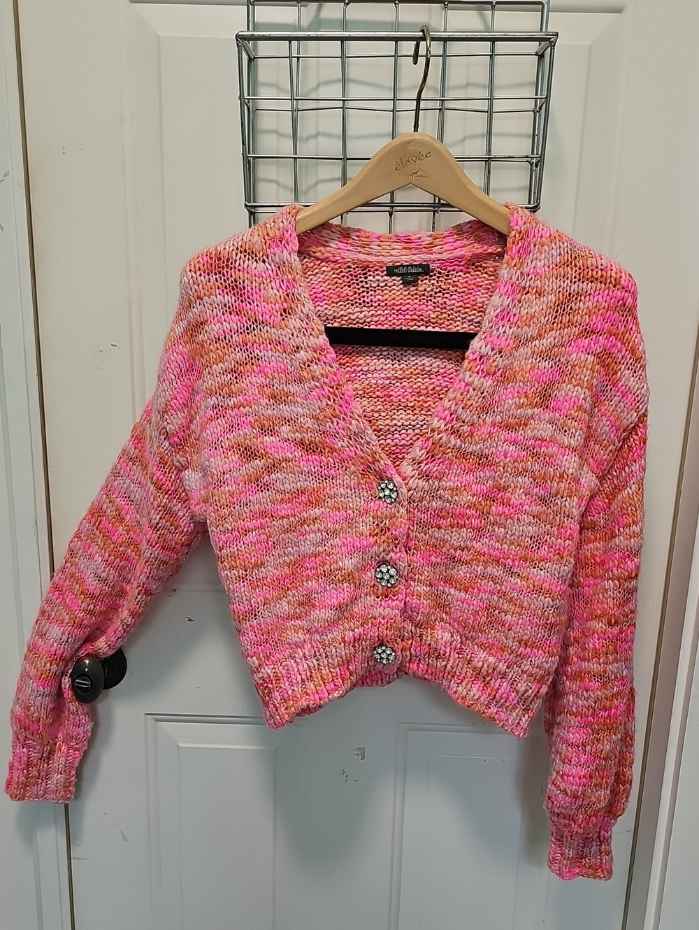 Wild Fable Chunky V-Neck Pink Marled Button Front Sweater